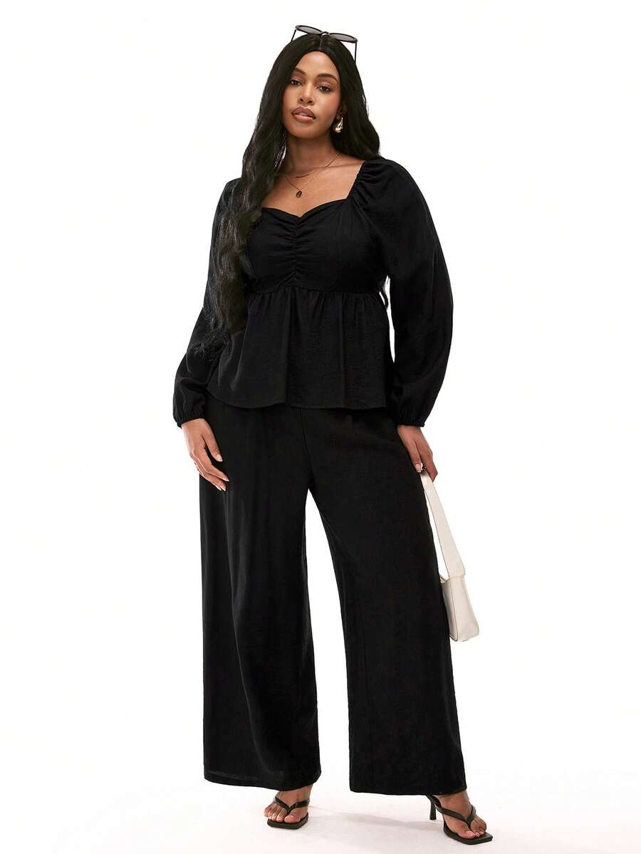 Solavibe Plus-Size Women's Black Two-Piece Set,Autumn Elegant Formal Dinner Evening Long-Sleeved V-Neck Shirt & Loose Wide-Leg Pants,Casual Office Date Outfits - Black - View 1