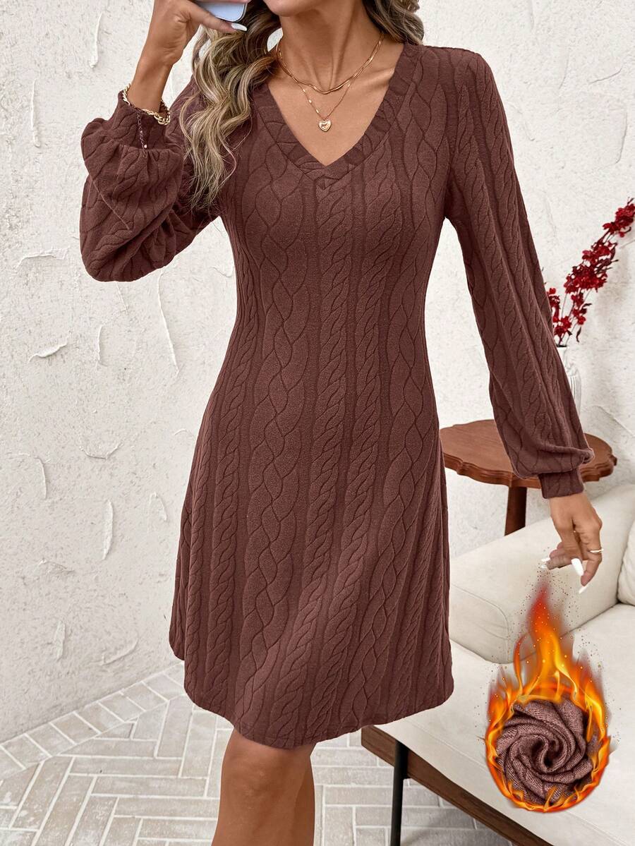 SHEIN Clasi 秋冬休闲纯色提花拉绒V领连衣裙 - 鏽棕色 - 查看 1