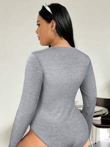 SHEIN EZwear 秋季大码灰色圆领修身长袖紧身衣 - 灰色 - 查看 2