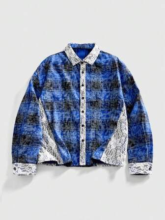 Grunge Punk Camicia da uomo in stile autunnale con patchwork in pizzo e motivo a quadri