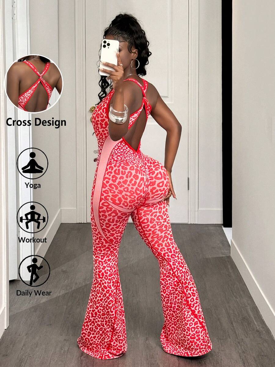 Slaydiva 1件豹纹扭纹深V喇叭连体裤 - 紅色 - 查看 1
