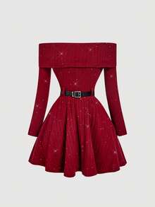 SHEIN MOD Abito mini rosso vino lucido con spalle scoperte e cintura - Bordò - Visualizzare 5