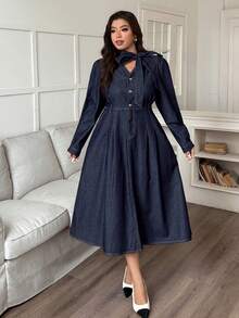 Dazy Plus Plus Size Women Casual Dark Washed Denim Dress With Bowknot Collar And Waist Tie, Spring/Autumn - Dark Wash - View 3