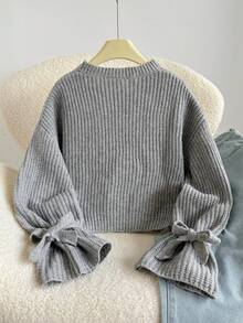 SHEIN 女童秋冬灰色针织罗纹袖口蝴蝶结宽松套头毛衣 - 灰色 - 查看 2
