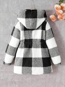 SHEIN 青少年女孩休闲宽松格子仿毛领长袖夹克泰迪熊外套，秋冬夹克，仿毛外套，连帽衫，连帽夹克 - 黑色 - 查看 2