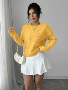 Elenzga Women's Crew Neck Floral Pattern Solid Color Pullover Sweater - Yellow - View 5