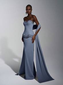 Elitara Elegant & Luxurious Women's Formal Evening Gown (Heavily Embellished) - Blue - View 6