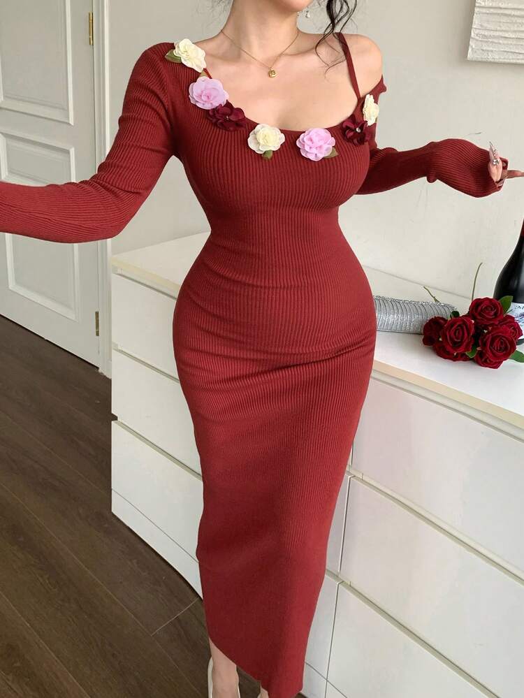 Women's Elegant Floral Embellished Fitted Mermaid Dress, Suitable For New Year, Christmas, Wedding, Party, Ball Gown, Autumn/Winter/Spring