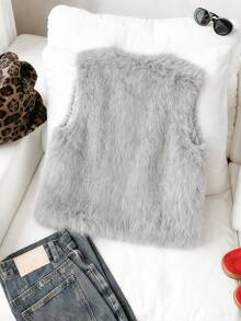 Genkimix Kids 少女休闲时尚简约纯色仿皮草无袖背心，秋冬季 - 灰色 - 查看 2