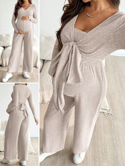 SHEIN Pregnant Women's Solid Color Minimalist Everyday Bow Tie Jumpsuit, Casual Knit Two Piece Set Two Piece Set Women Comfy Maternity Jumpsuits For Woman Elegant Jumpsuits Long Sleeve Jumpsuits For Woman