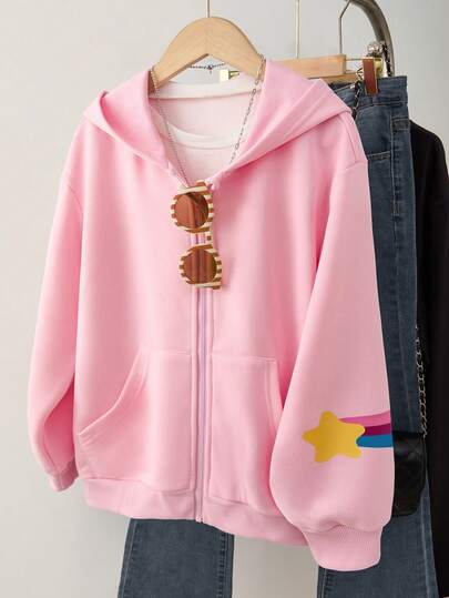 Girls' Cute Hooded Sweatshirt, Cartoon Design, Suitable For Outdoor, Sweatshirt Fall Winter