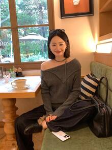 DAZY 女士斜肩系带韩版露肩毛衣，秋冬款