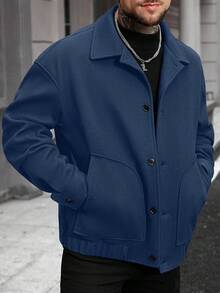 Manfinity Homme Men's Solid Color Long Sleeve Single-Breasted Casual Loose Jacket, Autumn/Winter - Navy Blue - View 3