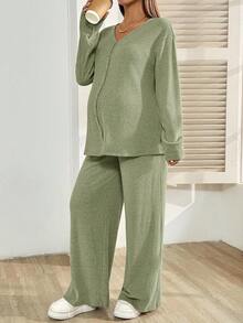 SHEIN 2 pièces Ensemble de maternité : Cardigan à manches longues unicolore et boutonnage simple, et pantalon à taille ajustable, décontracté - Vert - Voir 5