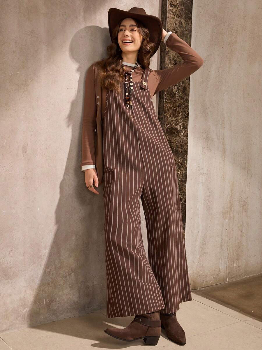 Wildy 女式休闲条纹连体裤，带口袋，宽松版型，适合日常穿着，四季皆宜 - 棕色 - 查看 1
