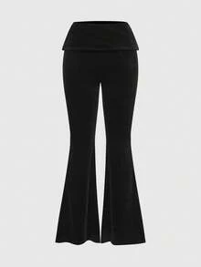 ROMWE Grunge Punk Y2K Velvet Rhinestone Graphic Cropped Hoodie & Low-Rise Flare Pant2 Piecesce Set For Women - Black - View 3