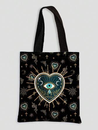 Fairycore Wiederverwendbare Segeltuch-Tragetasche mit durchgehendem Augen-/Mond-/Stern-Muster, Schultertasche-Design geeignet für Einkaufen
