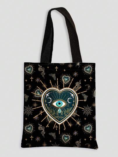 Fairycore Bolsa de lona reutilizable con estampado de ojo/luna/estrella en todo el diseño, bolso de hombro adecuado para ir de compras