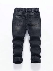 Jungen Allround Lässig + Schwarze verwaschen Slim Fit einfache vielseitige tägliche bequeme Stretch Jeans, ein Muss-haben Artikel für modische Kleine Jungen Lässig modische abgenutzte zerrissene bequeme Elastikbund passende dunkelgraue Jeans, geeignet für den täglichen Gebrauch, 2024 Neuankömmling Chic für Herbst/Winter Weihnachten - Schwarz - Übersicht 2