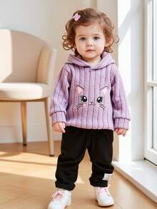 Cute Baby Girl Autumn 2-Piece Purple Soft Hooded Sweater With Embroidered Kitten Decor,Black Slim Fit Pants,Family Matching Outfit For Casual Sports - Purple - View 1