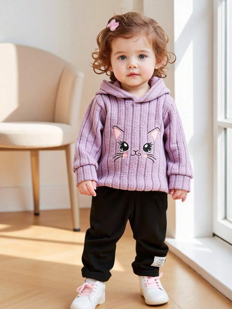 Cute Baby Girl Autumn 2-Piece Purple Soft Hooded Sweater With Embroidered Kitten Decor,Black Slim Fit Pants,Family Matching Outfit For Casual Sports - Purple - View 1