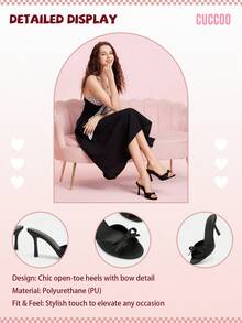 CUCCOO DOLLMOD Women Bow Decor Mules, Satin Stiletto Heeled Glamorous Sandals Black Vacation Shoes Summer Back To School Shoes College Student Shoes Spring Shoes Spring Break Easter Prom Heels