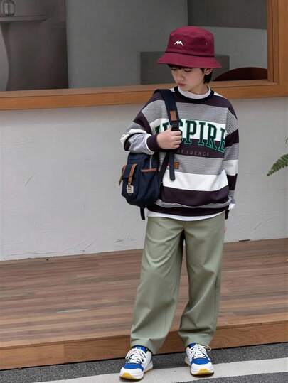 SHEIN 青少年男孩休闲韩版宽松大号字母条纹印花长袖圆领运动衫和松紧腰裤套装，适合春、夏、秋、冬、户外玩耍、学校、街头风格、派对和休闲