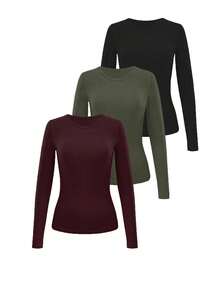 INAWLY 3件套女式纯色圆领长袖罗纹T恤套装 - 彩色 - 查看 3