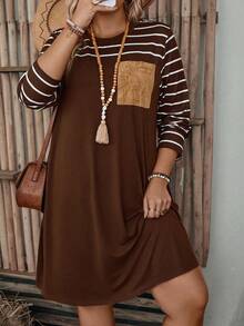 EMERY ROSE Plus Size Striped Print Splicing Casual Daily Long Sleeve Dress Fall Cloth For Women - Khaki - View 1