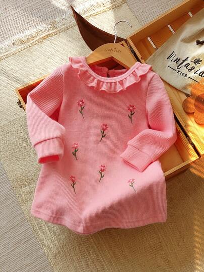 Vintaside Kids 1件粉色长袖花卉刺绣荷叶边领女童连衣裙