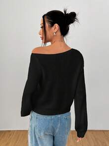 SHEIN PETITE Áo len chui đầu màu trắng dài tay dành cho nữ, có thể mặc chéo vai, phù hợp cho mùa thu đông - màu đen - Xem 2