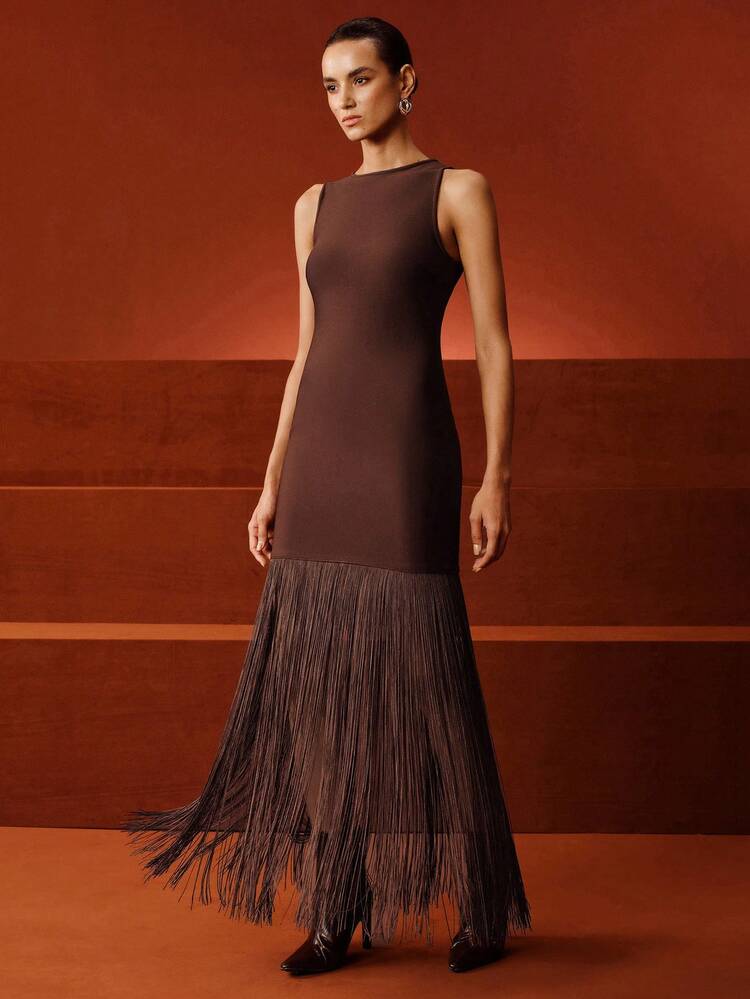 Women's Mocha Bandage Bodycon Dress, Layered Fringe Hem Flowing Design, Creates Tall Proportions And Urban Elegance, Suitable For Fall, Winter, Spring, New Year, Party, Wedding, Elegant, Chic, Stylish, Christmas, Going Out