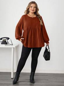 SHEIN CURVE+ 大码女式休闲罗纹荷叶边下摆T恤，秋冬/秋冬 - 橘色 - 查看 5