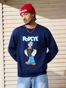 Popeye X SHEIN Hanorac bărbătesc casual cu guler rotund, cu litere și figuri de desene animate, toamnă, mânecă lungă