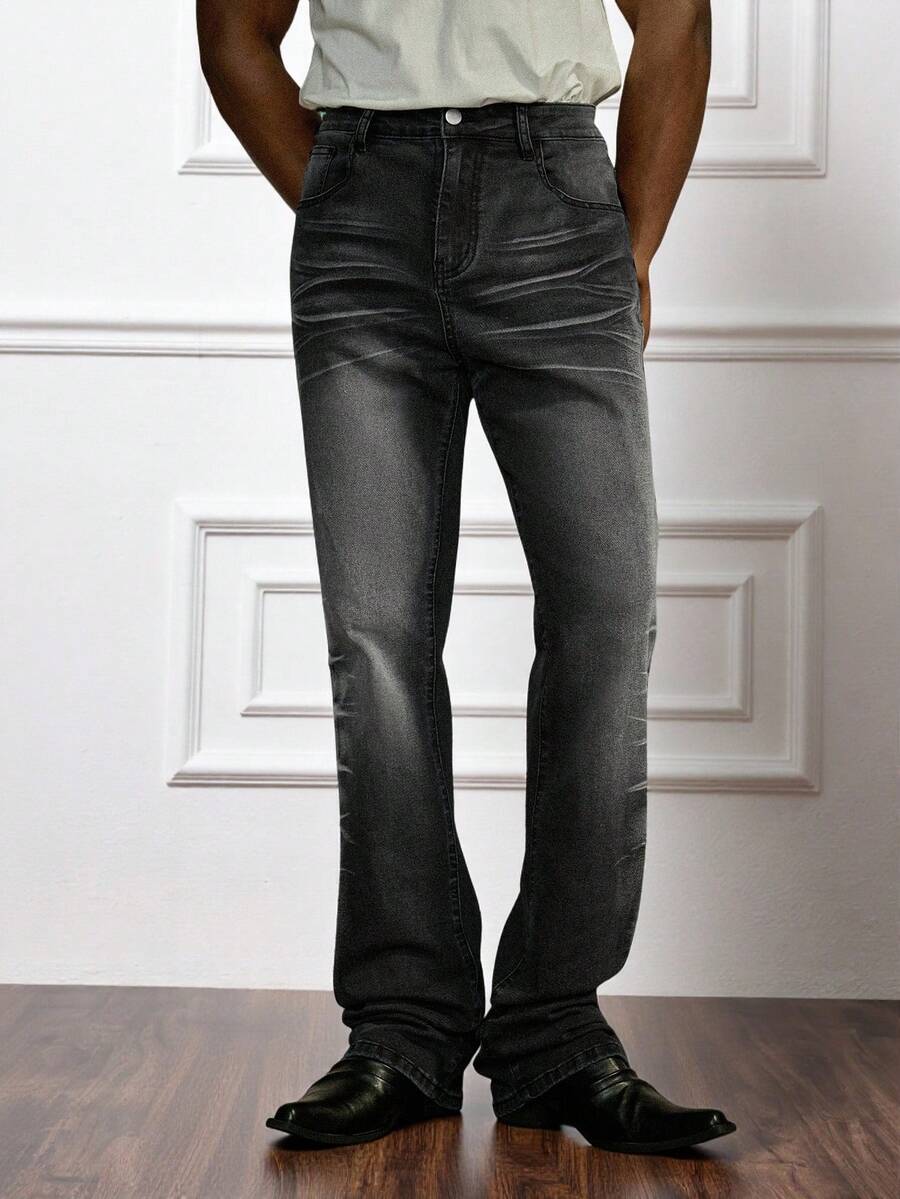 PAVTROS Men's Black Horseshoe Flared Leg Jeans Black Flared Jeans For Men Bootcut Stretch Black Street Rave For Y2K - Black - View 1