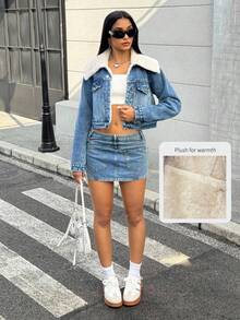 Jeanoix Y2K Fashion Street Furry Lapel Washed Short Denim Jacket - Medium Wash - View 8