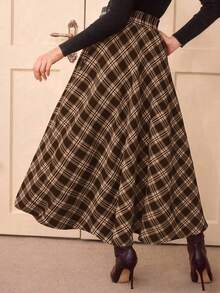 EMERY ROSE Plus Size Plaid Skirt With Pockets - Coffee Brown - View 2