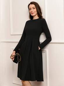 EMERY ROSE 女士优雅纯色褶皱通勤连衣裙 - 黑色 - 查看 4