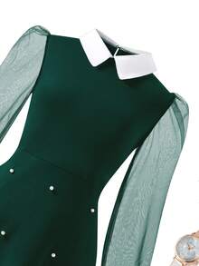 1pc Girls Wednesday Collared Mesh Patchwork Long Sleeve Dress,Dark Green,Autumn,Elegant,School,Back-To-School Gothic Style With Pearl Decor,Christmas - Dark Green - View 4