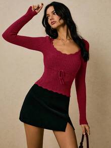 Poéselle Lässiger Damen-Pullover mit Rundhalsausschnitt und Kordelzug Einfarbig, Herbst/Winter, Weihnachtspullover für Damen