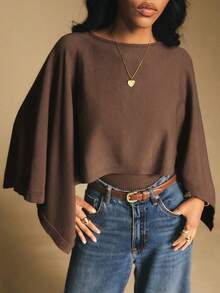 Poéselle Women's Brown Round Neck Poncho Knit Sweater,Elegant Sweater For Women,Casual Women, New Year's For Women,Suitable For Daily Wear, Going Out, Commuting Fall/Winter, Batwing Sleeve Top, Coffee Brown Top, Dark Brown Top - Brown - View 7