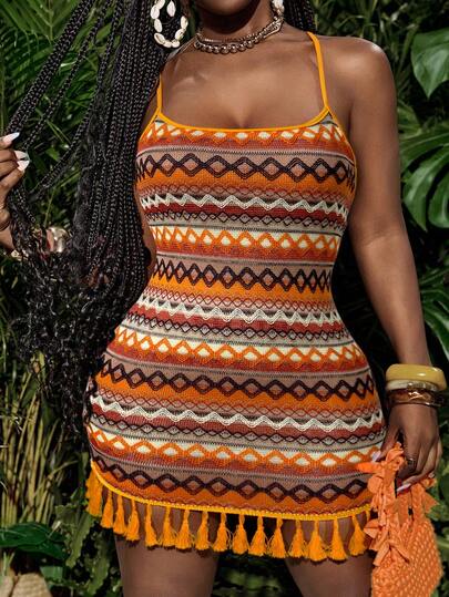 Slaydiva Spring And Summer New Colorful Holiday U-Neck Suspender Cross Back Backless Slim Mini Skirt Tassel Hem Colorful Striped Diamond Plaid Women's Mini Dress