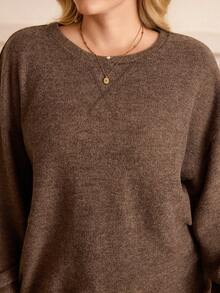 Rosumi Moletom casual plus size de cor sólida, outono/inverno - Castanho Café - Ver 5