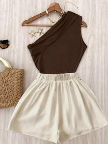 EMERY ROSE Casual Chic Commuting High Elasticity Solid Brown Pleated Shoulder Top And White Elastic Waist Pants Set