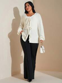 SHEIN Tall CURVE 加大码女式简约纯色针织法式毛衣，蝴蝶结前襟设计，适合居家、休闲、上学 - 米色 - 查看 5