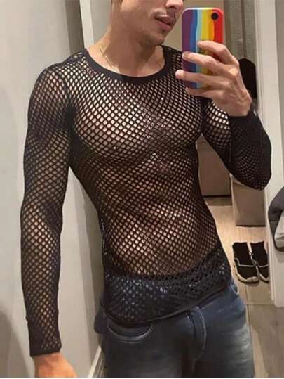 Manfinity Dauomo 男士纯色圆领长袖镂空简约透明休闲上衣 T 恤，Rave