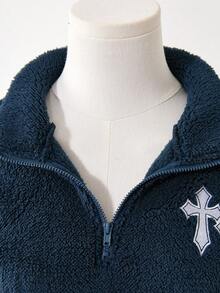 Sweetra Young Tween Girl Cross Embroidery Zipper Half-Zip Raglan Long Sleeve Casual Sweatshirt, Autumn/Winter - Navy Blue - View 10