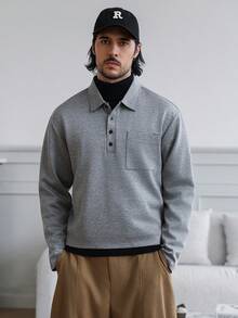 HUEFORM Męska, swobodna, jednokolorowa bluza zapinana na guziki i skrócona wersja. Elastyczny materiał podkreśla figurę i nadaje się do noszenia zarówno na zewnątrz, jak i wewnątrz. Bluzka męska z długim rękawem. - Ciemnoszary - Zobacz 6