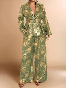 Cravure 大码女士金属箔优雅套装，适合派对和办公场合，秋冬季 - 軍綠色 - 查看 5