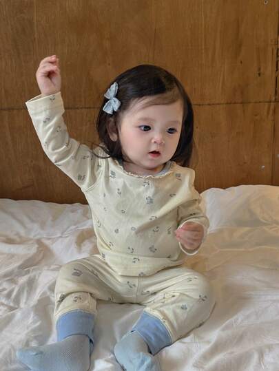 DAZY 2pcs Baby Girls Cartoon Print Crew Neck T-Shirt And Pants Loungewear Set